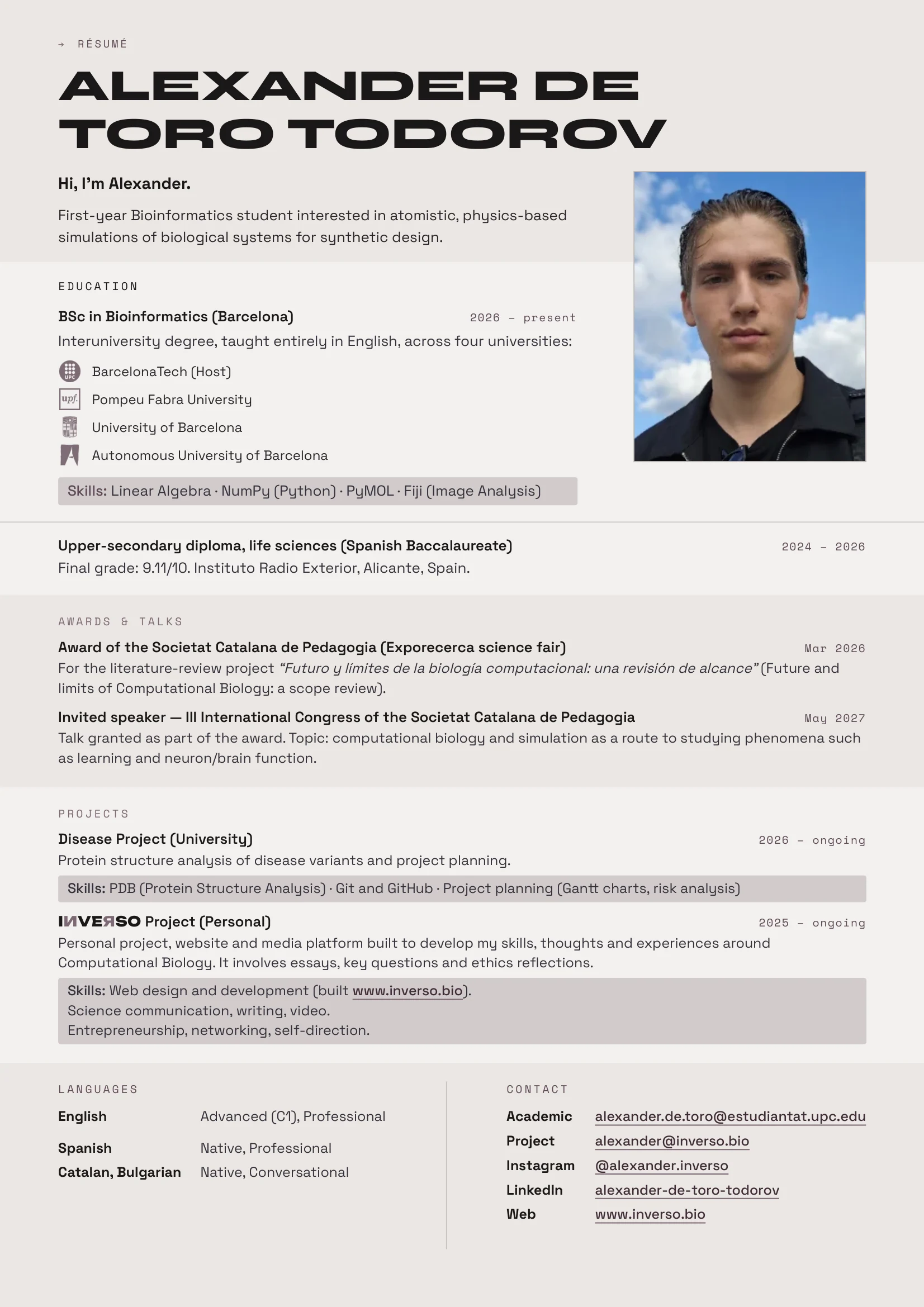 CV of Alexander de Toro Todorov, one page
